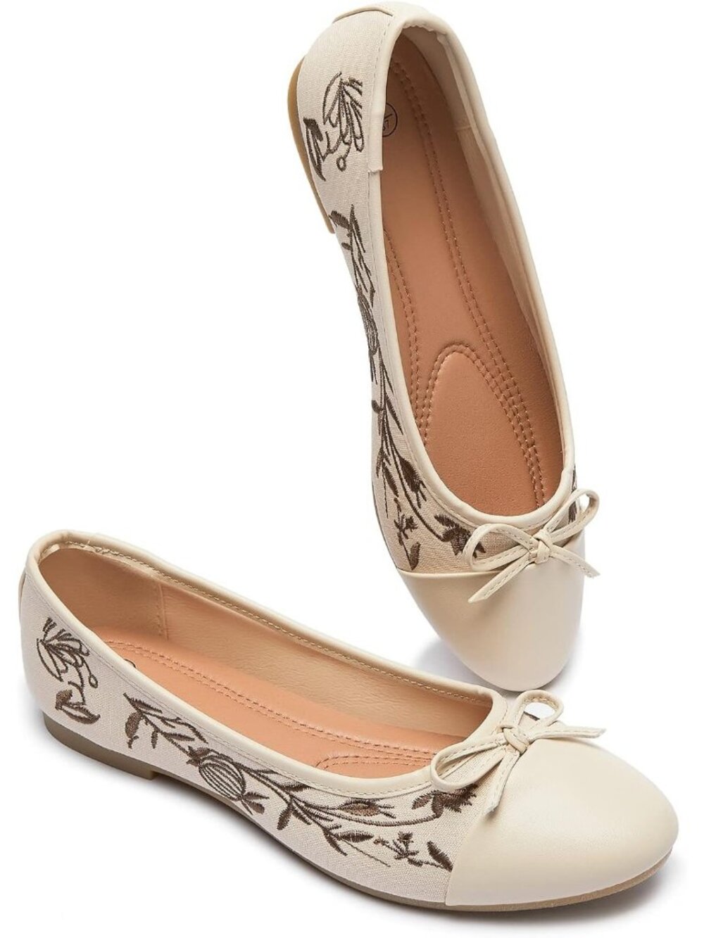 Women's Beige Leather Pomegranate Embroidery Bow Round Toe Flats Dressy Shoes